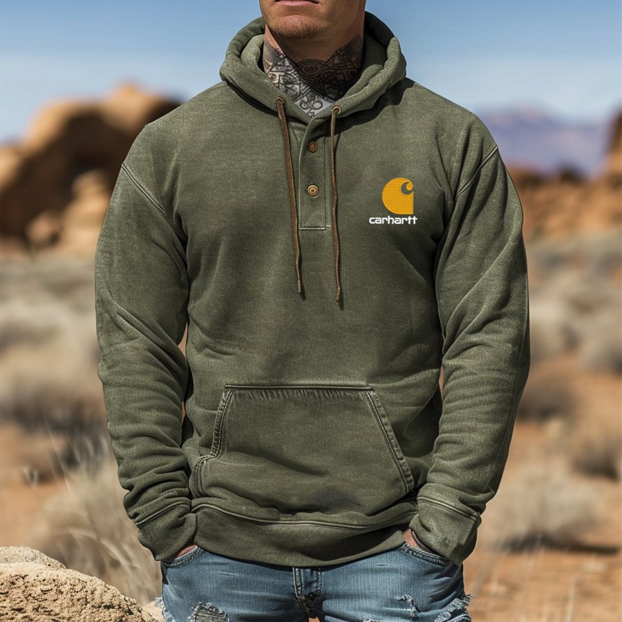 

Men's Vintage Olive Green Hoodie With Logo Detail