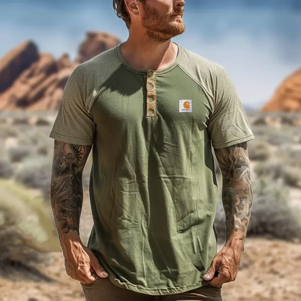Men's Vintage Olive Green Henley T-Shirt With Functional Design - Wayrates.com 