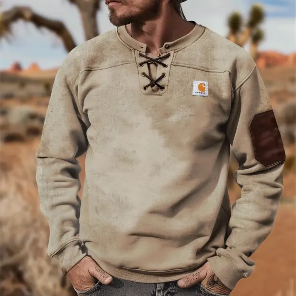 Men's Vintage Beige Henley Sweatshirt With Lace-Up Front - Wayrates.com 