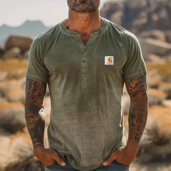 Men's Vintage Olive Henley T-Shirt With Sleeve Tattoos - Wayrates.com 