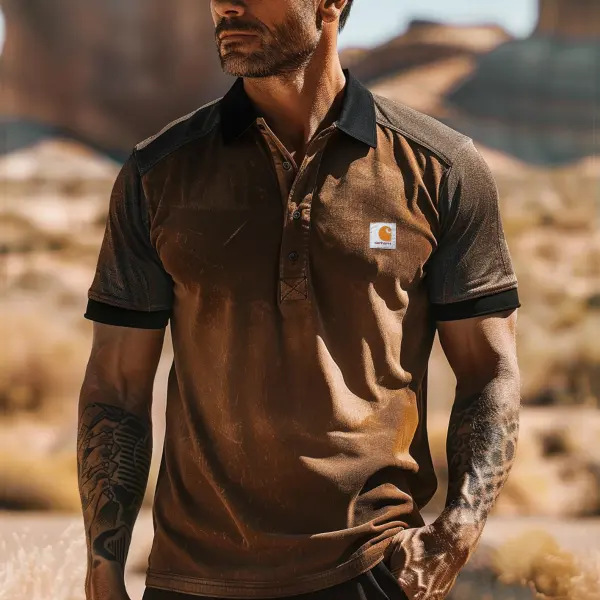 Men's Vintage Brown Suede Polo Shirt With Contrast Shoulders - Wayrates.com 