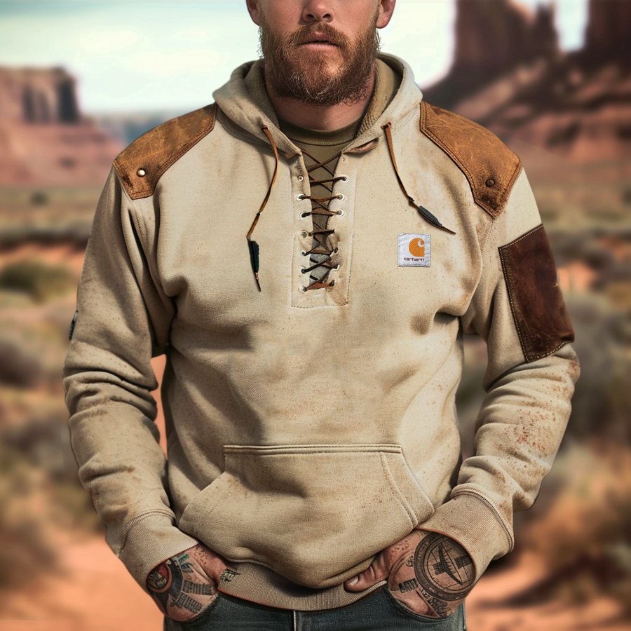 

Men's Vintage Hooded Workwear Sweatshirt With Lace-Up Front