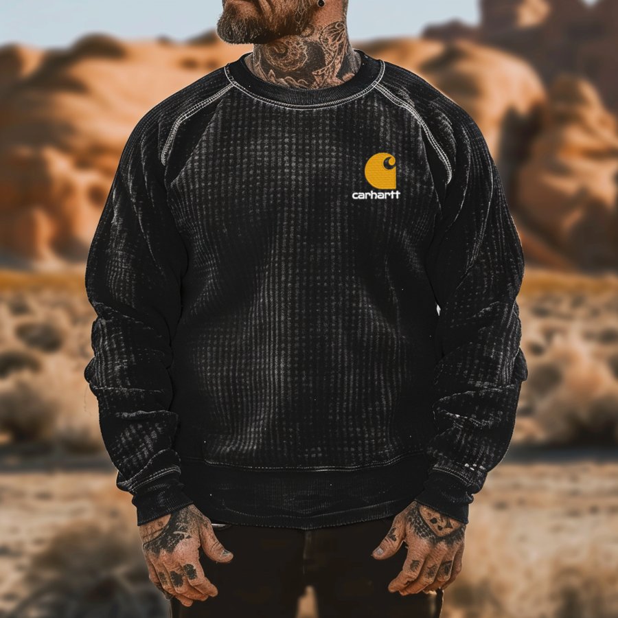 

Men's Vintage Black Textured Short-pile Checkered Fabric Crewneck Sweatshirt