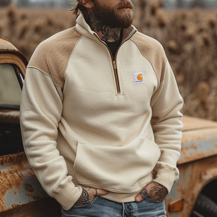 

Stylish Half-Zip Pullover Corduroy Splicing And Contrasting Colors For Outdoor Enthusiasts