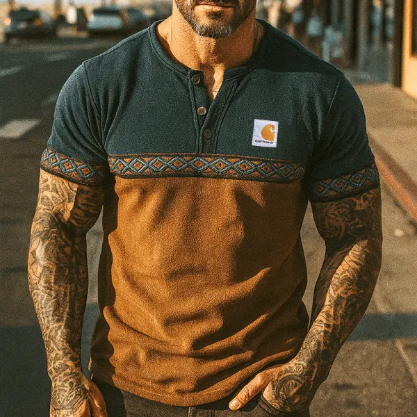 Stylish Henley Shirt With Geometric Pattern And Contrast Panel For Men - Ootdyouth.com 