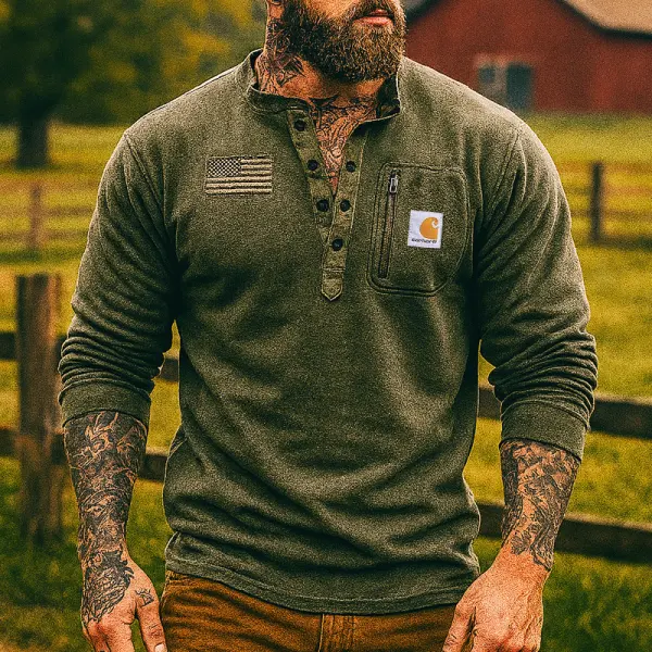Men's Long Sleeve Henley Shirt With Chest Pocket And Flag Patch - Wayrates.chimpone.com 