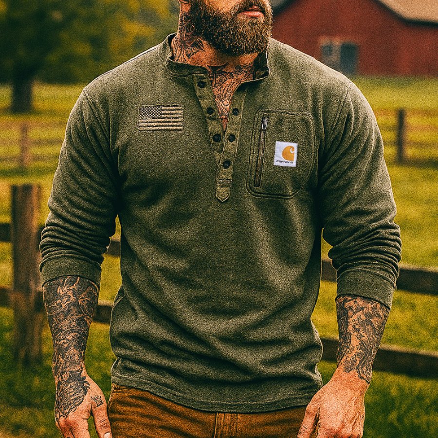 

Men's Long Sleeve Henley Shirt With Chest Pocket And Flag Patch