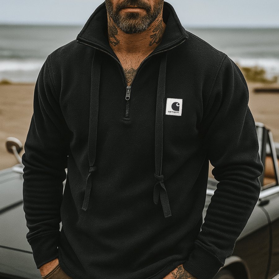 

Men's Half-Zip Hoodie With Chest Logo Patch - Perfect For Casual And Outdoor Adventures