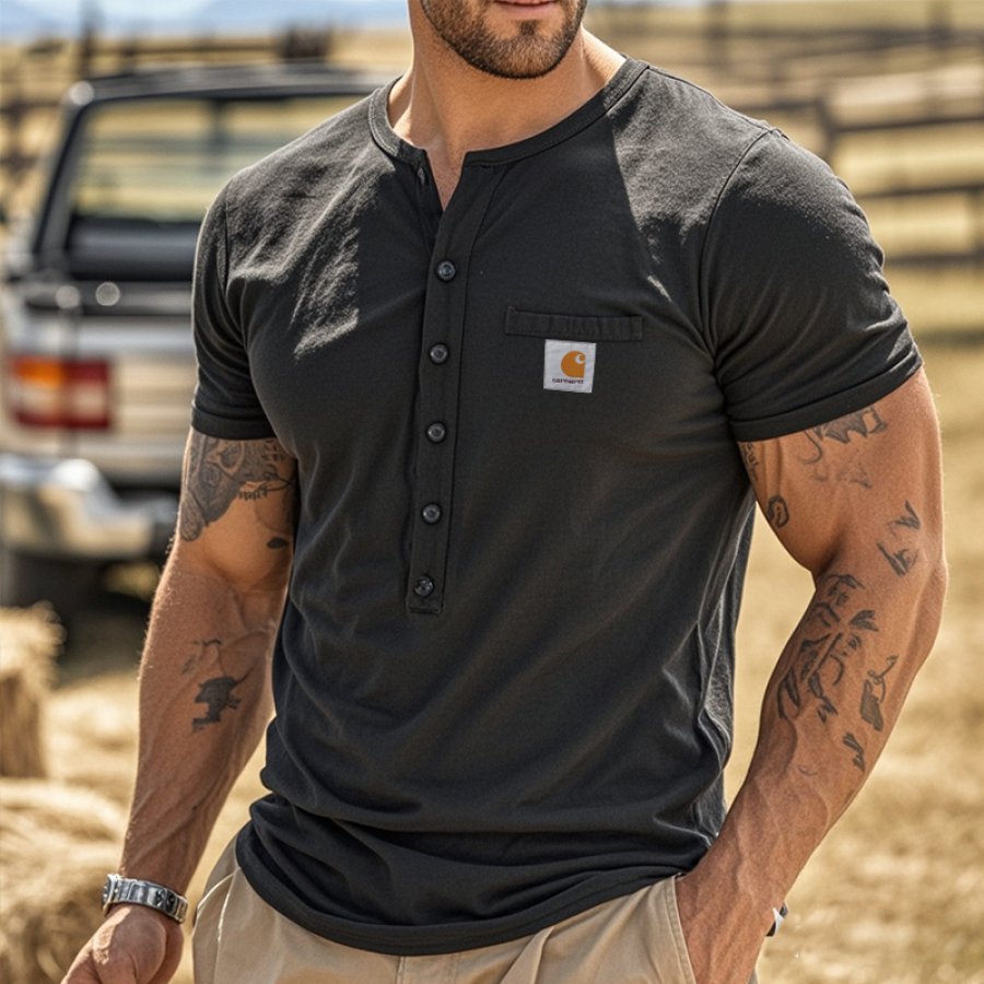 

Men's Casual Cotton Lable Deep Henley T-Shirt