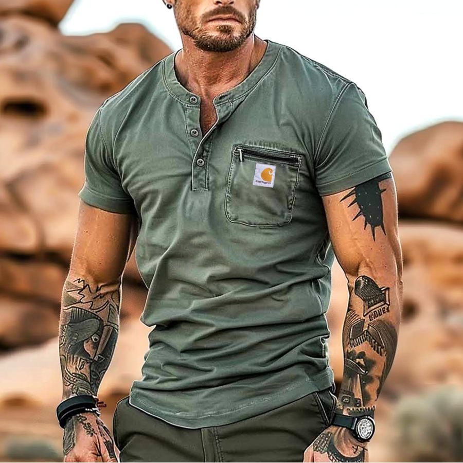 

Men's Vintage Outdoor Zipper Pocket Military Green Henley Short Sleeve T-Shirt