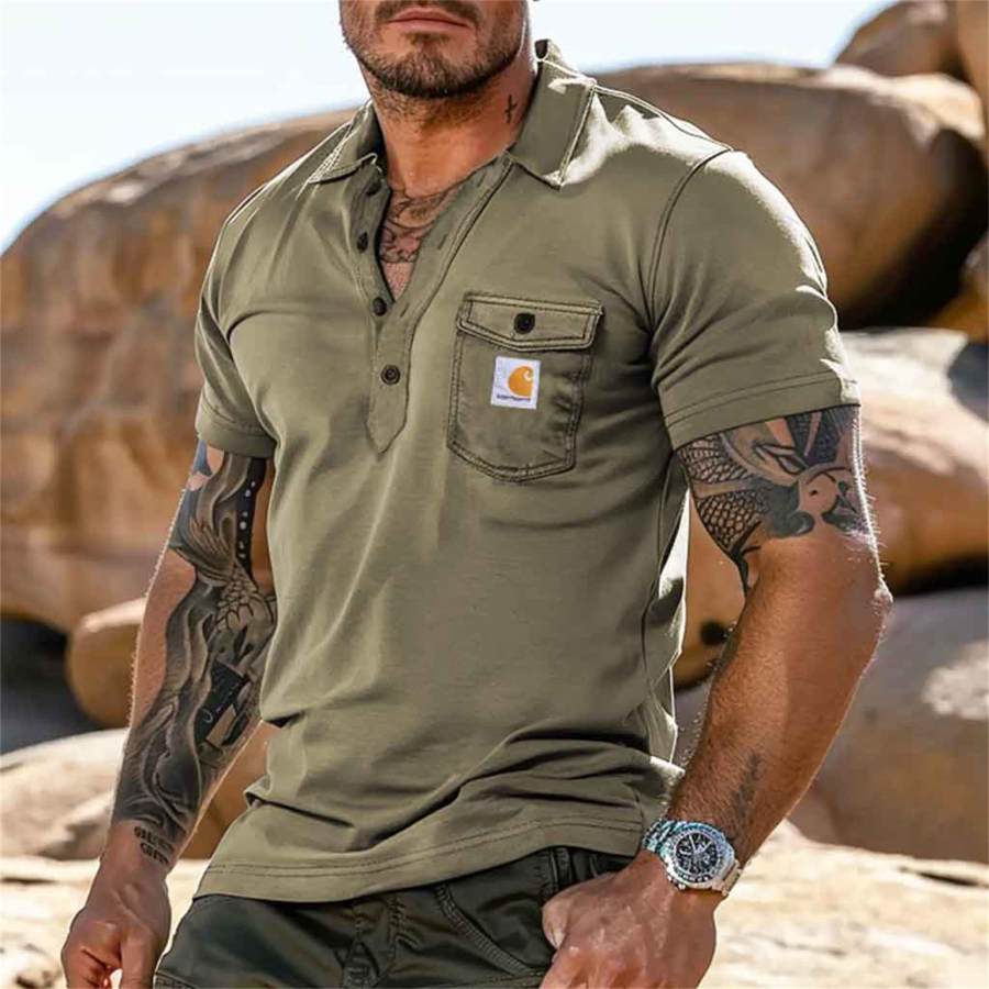 

Men's Vintage Outdoor Pocket Henley Lapel Short Sleeve T-shirt