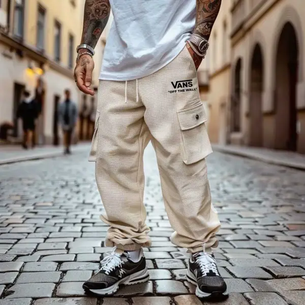 Men's Vintage Beige Waffle Knit Multi-Pocket Elastic Drawstring Cargo Pants - Ootdyouth.com 