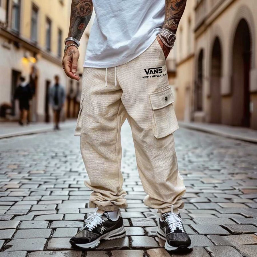 

Men's Vintage Beige Waffle Knit Multi-Pocket Elastic Drawstring Cargo Pants
