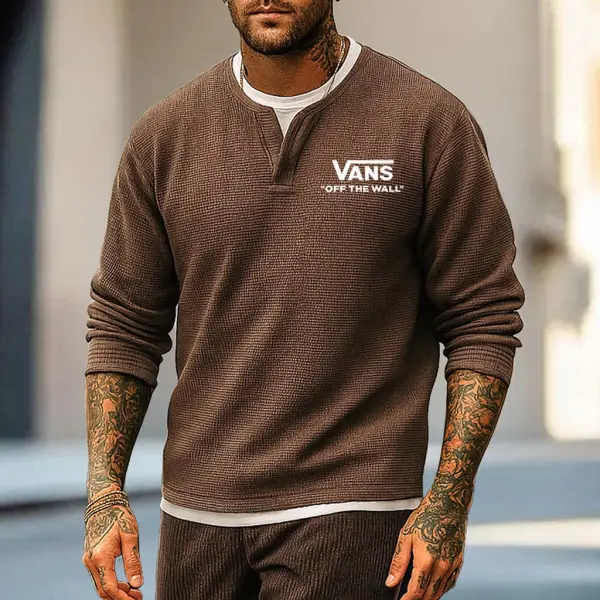 Men's Vintage Waffle Knit Collar Fake Two-Piece White Henley Collar Long T-shirt - Wayrates.com 