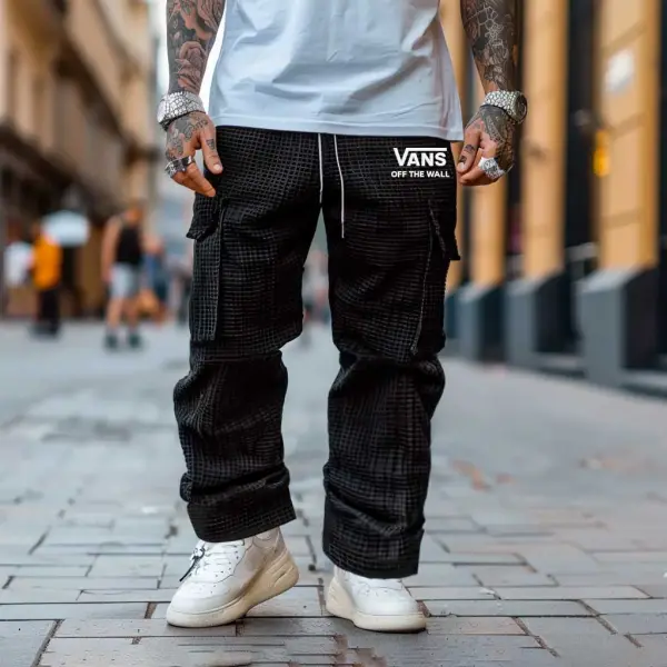 Vans Men's Vintage Black Waffle Knit Off The Wall Embroidered Multi-Pocket Elastic Drawstring Cargo Pants - Wayrates.chimpone.com 