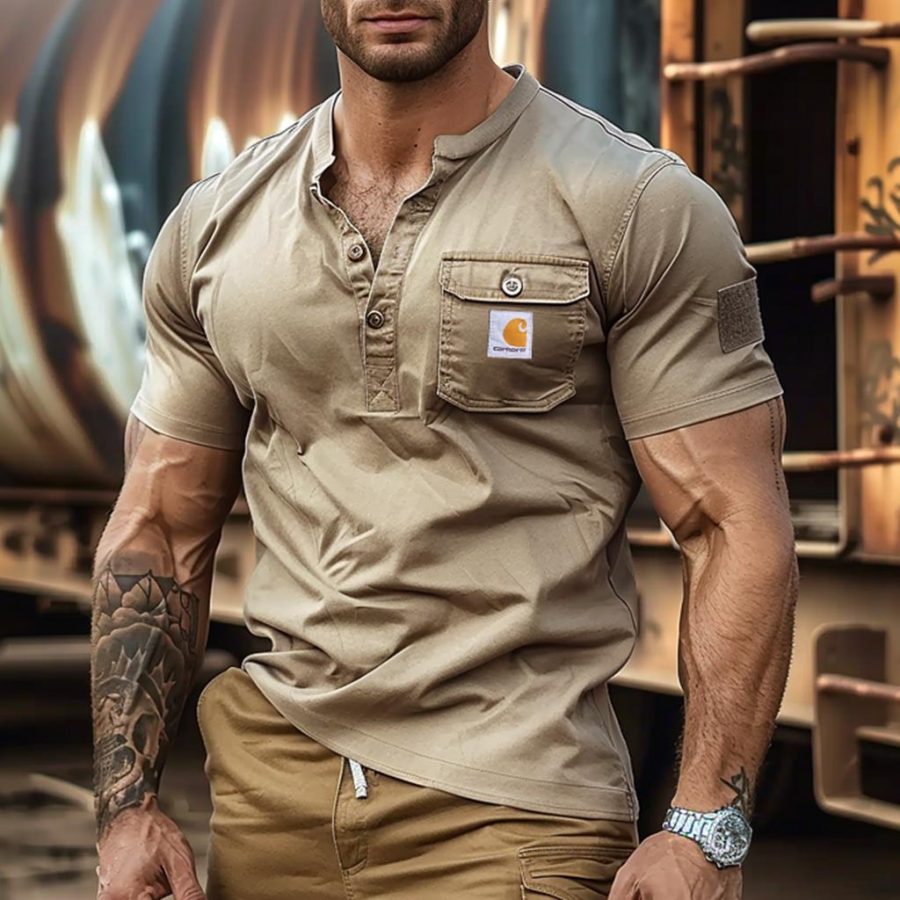 

Men's Vintage Outdoor Pocket Henley Collar Short Sleeve T-shirt