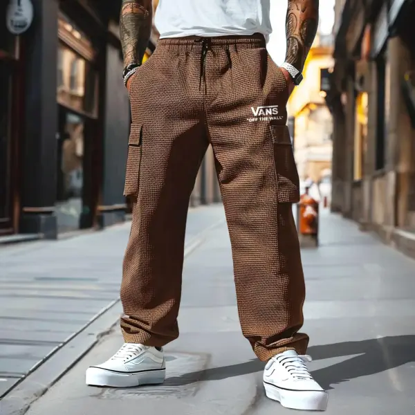 Men's Vintage Waffle Knit Surf Brown Multi-Pocket Elastic Drawstring Cargo Pants - Menzfolk.com 