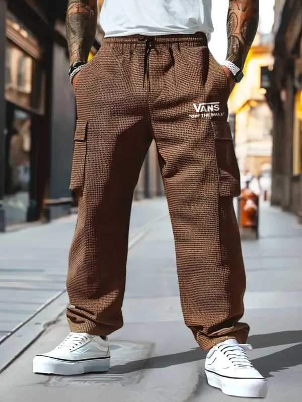 Men's Vintage Waffle Knit Surf Brown Multi-Pocket Elastic Drawstring Cargo Pants - Menwyx.com 