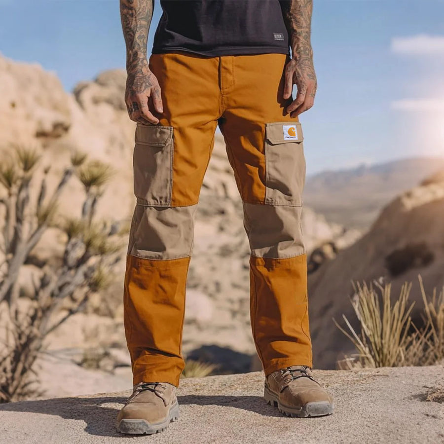 

Men's Vintage Outdoor Multi-Pocket Workwear Cargo Pants In Orange And Khaki
