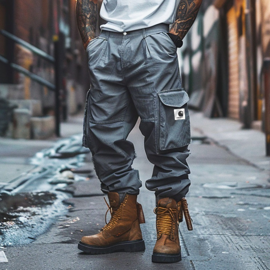 

Men's Vintage Gray Multi-Pocket Workwear Cargo Pants