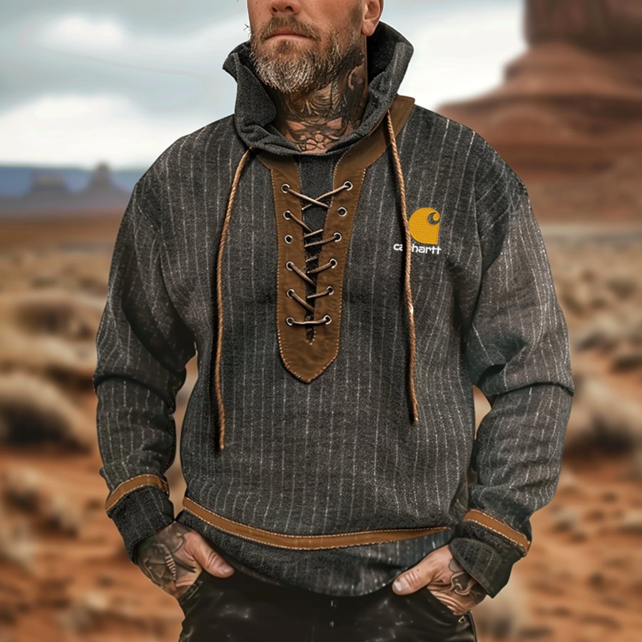 

Men's Vintage Hooded Sweatshirt With Lace-Up Front