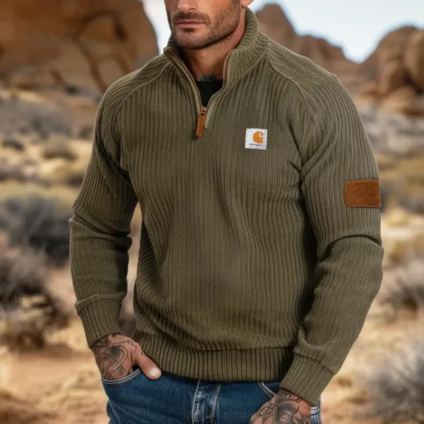 Men's Vintage Olive Green Ribbed Quarter-Zip Sweatshirt With Logo - Ootdyouth.com 