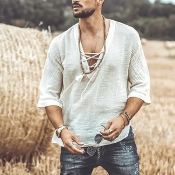 Men's Vintage Casual Linen Blend V-neck Shirt With Tassel Detail - Menzfolk.com 