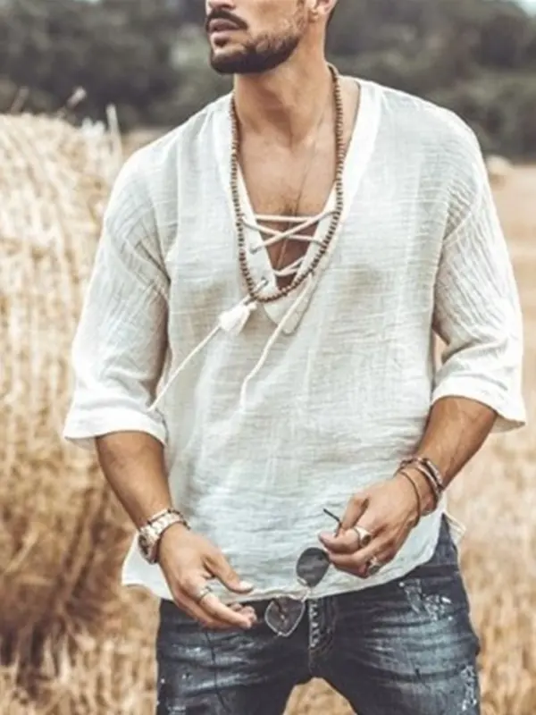 Men's Vintage Casual Linen Blend V-neck Shirt With Tassel Detail - Menwyx.com 