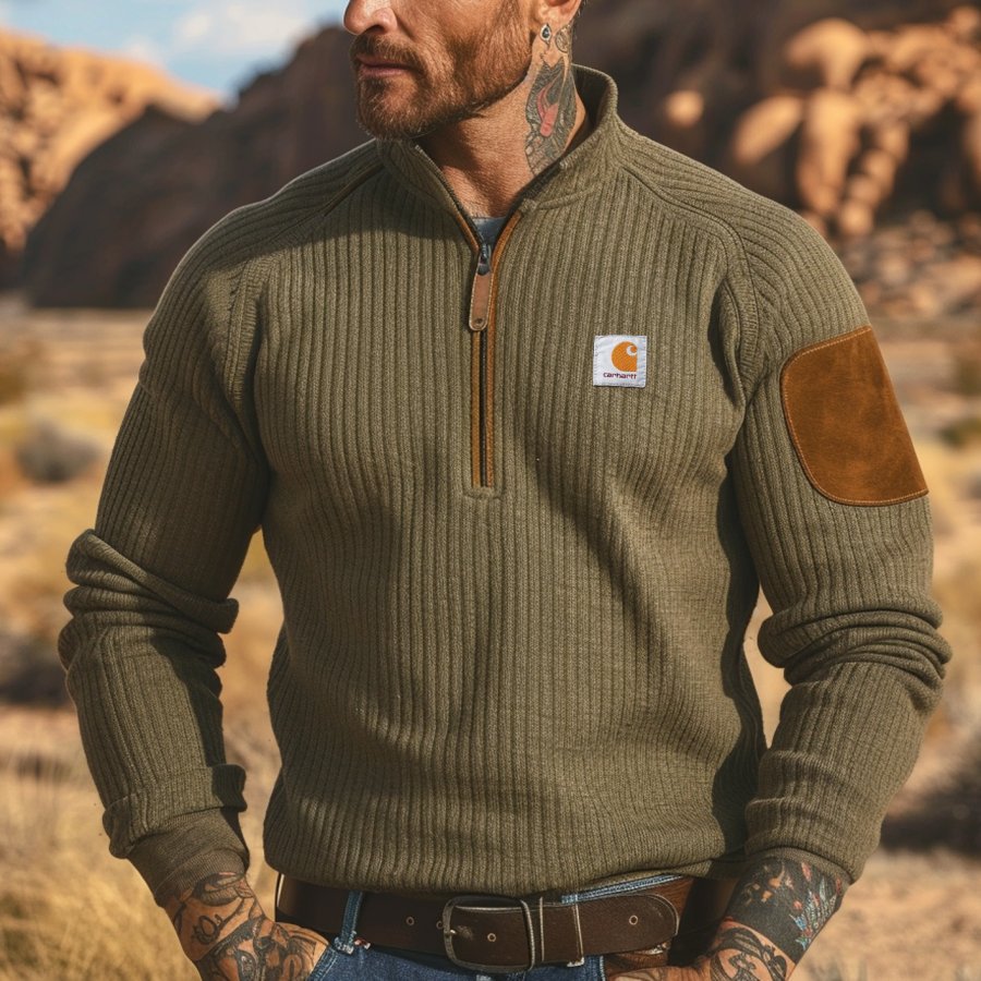 

Men's Vintage Olive Coarse Corduroy Quarter-Zip Sweatshirt With Elbow Patches