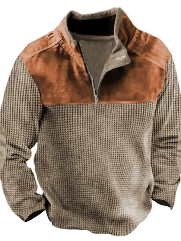 Men's Vintage Warm And Stylish Half-Zip Pullover With Contrast Yoke - Menwyx.com 