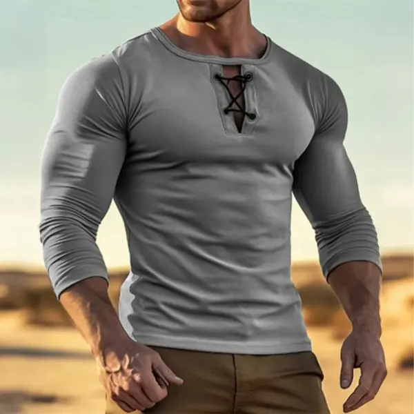 Men's Vintage Gray Henley T-Shirt With Lace-Up Detail - Menzfolk.com 