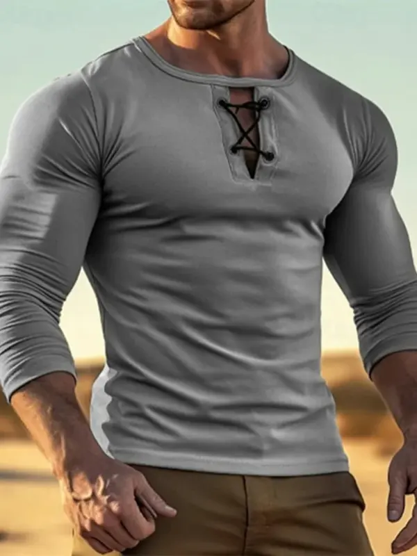 Men's Vintage Gray Henley T-Shirt With Lace-Up Detail - Menwyx.com 