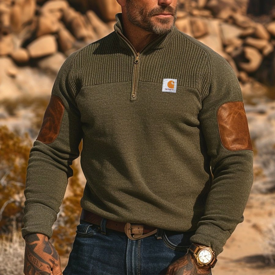 

Men's Vintage Olive Green Quarter-Zip Sweatshirts With Leather Elbow Patches