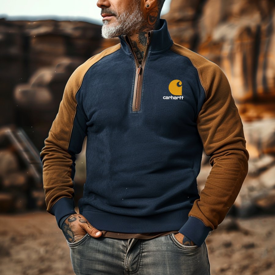 

Men's Vintage Navy And Brown Patchwork Sweatshirt