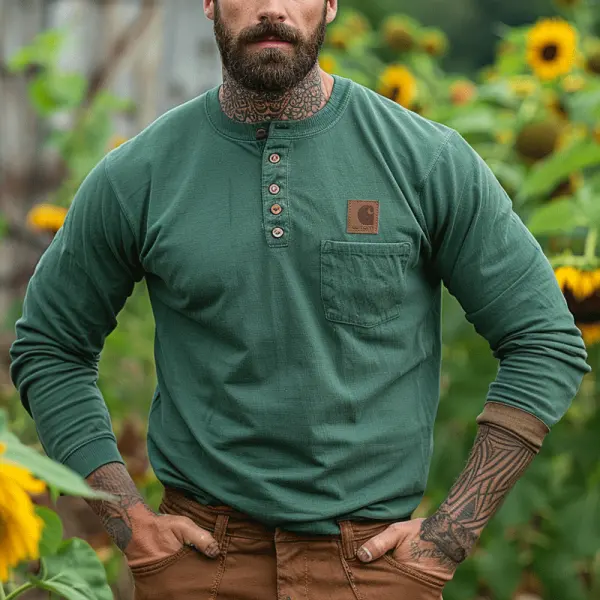 Men's Henley Long Sleeve Shirt With Chest Pocket - Perfect For Casual And Outdoor Activities - Wayrates.com 