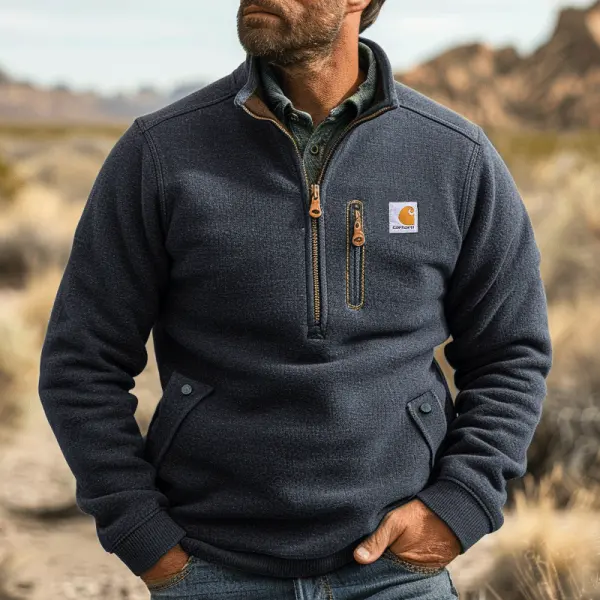 Men's Half-Zip Pullover With Chest Pocket And Logo Patch - Ootdyouth.com 