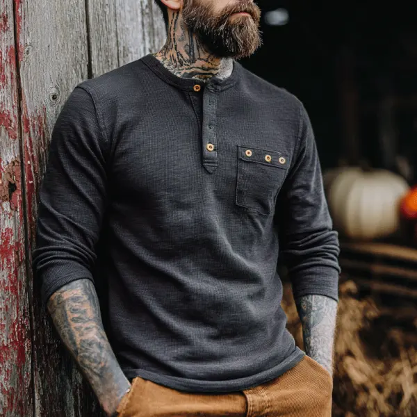 Men's Waffle Classic Henley Shirt With Chest Pocket - Perfect For Casual And Outdoor Adventures - Wayrates.com 