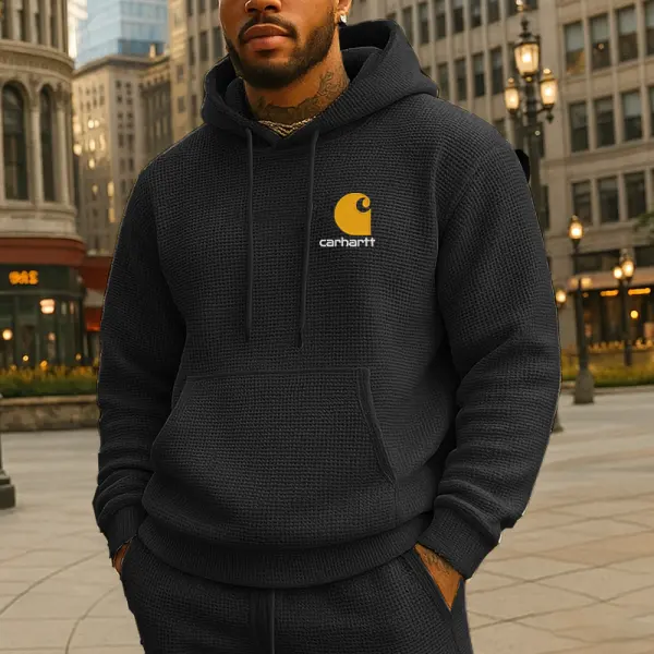 Men's Casual Waffle Knit Hoodie In Black - Wayrates.com 