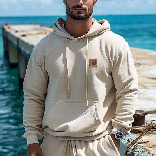 Men's Casual Leather Lable Hoodie Off White - Wayrates.com 