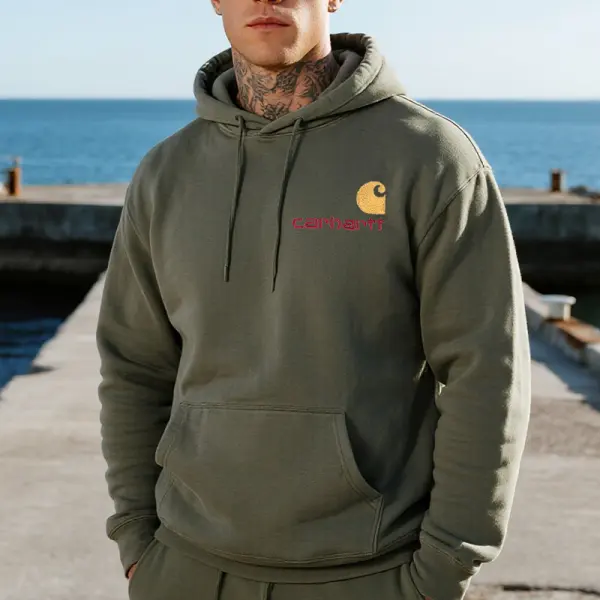 Men's Vintage Embroidery Logo Hoodie Olive Green - Wayrates.com 