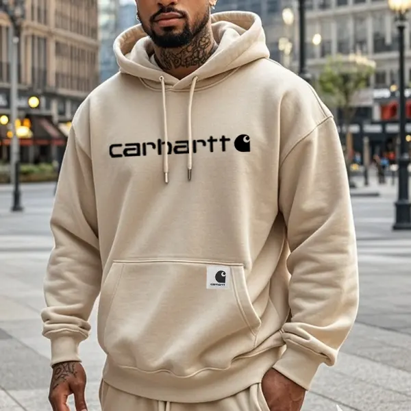 Men's Casual Graphic Print Logo Lable Hoodie Beige - Wayrates.com 