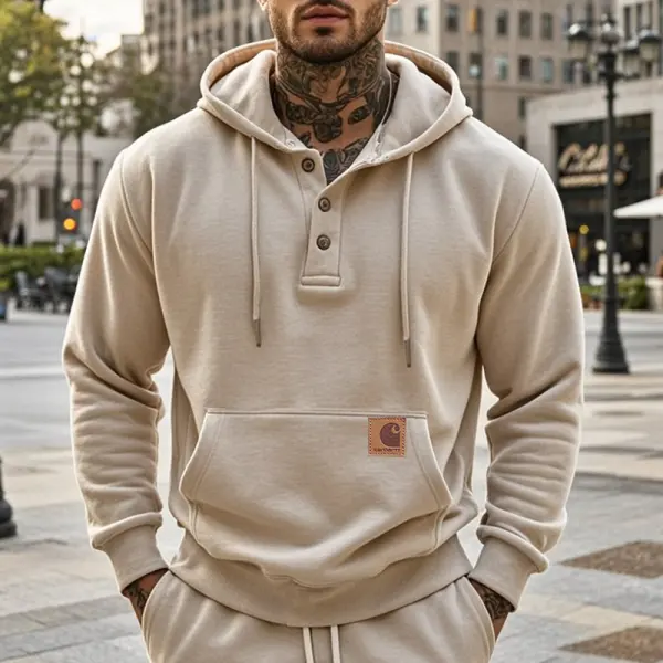 Men's Casual Henley Hoodie With Button Detail Beige - Ootdyouth.com 