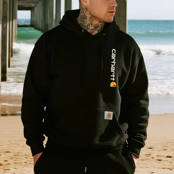 Men's Casual Graphic Print Label Hoodie Black - Wayrates.com 