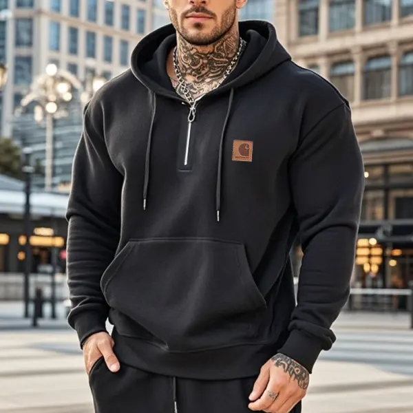 Men's Casual Hooded Sweatshirt With Half-Zip And Front Pocket Black - Wayrates.com 