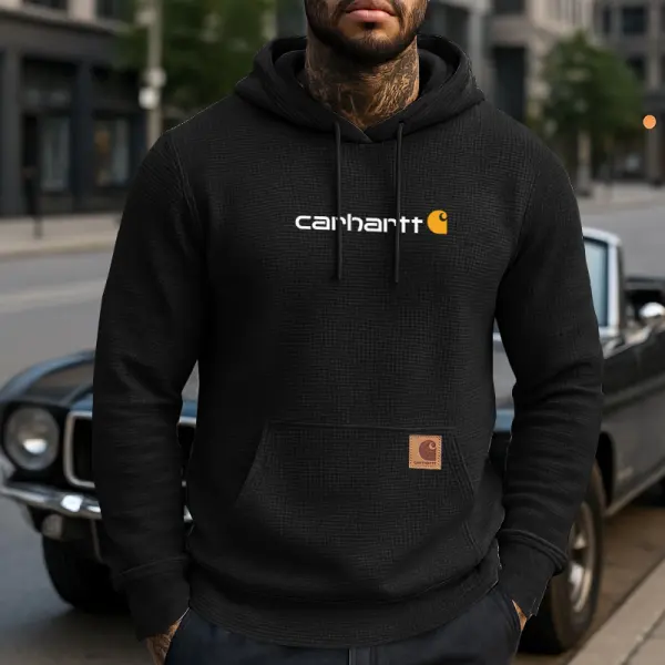 Men's Casual Waffle Lable Hoodie Sweatshirt Black - Wayrates.com 