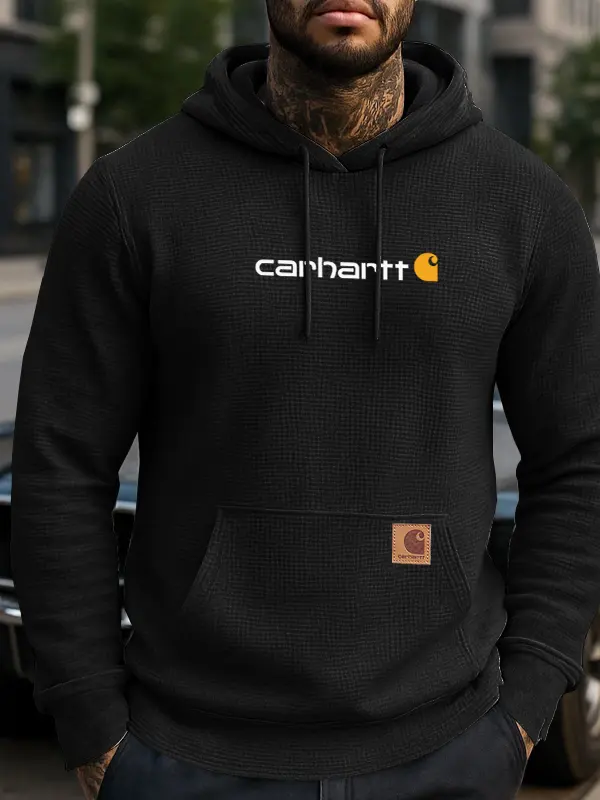 Men's Casual Waffle Lable Hoodie Sweatshirt Black - Pragmaace.com 
