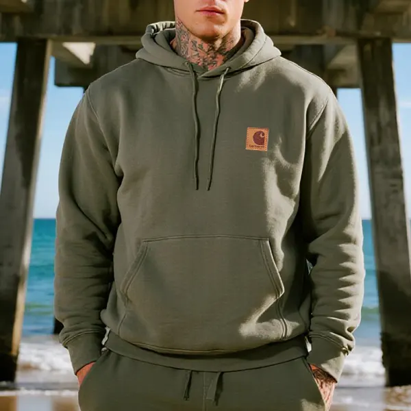 Men's Casual Leather Lable Hoodie Military Green - Wayrates.com 