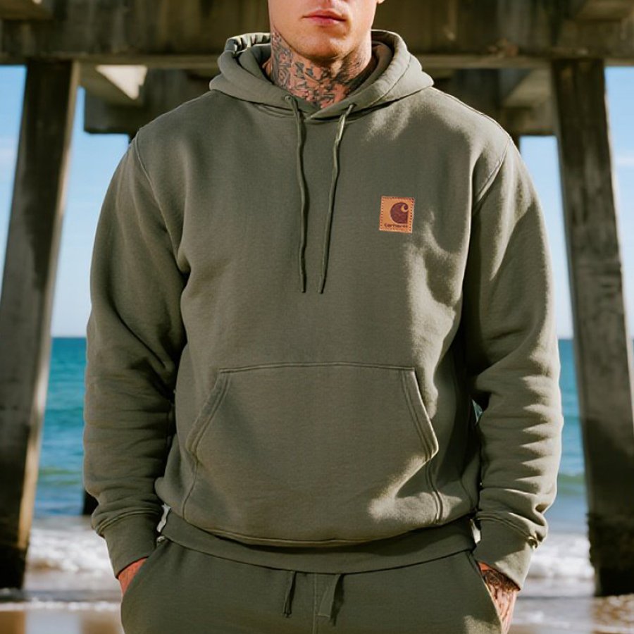 

Men's Casual Leather Lable Hoodie Military Green