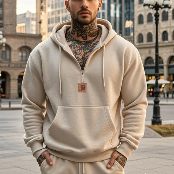 Men's Casual Beige Hoodie With Zipper Detail - Wayrates.com 