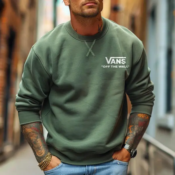 Vans Men's Vintage Green Off The Wall Crewneck Long Sleeve Sweatshirt - Wayrates.com 